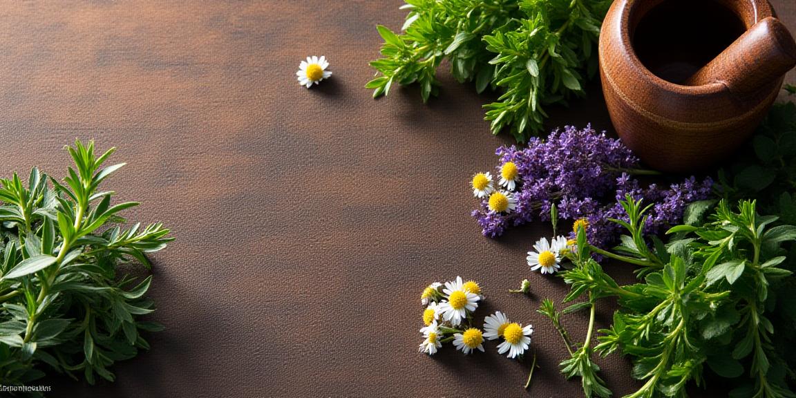 Close up of various vibrant medicinal herbs on a wooden table